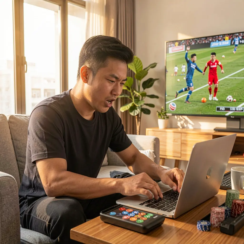 Excited Vietnamese sports bettor celebrating a winning moment while placing online bets on a laptop with live soccer action behind him using JQK789